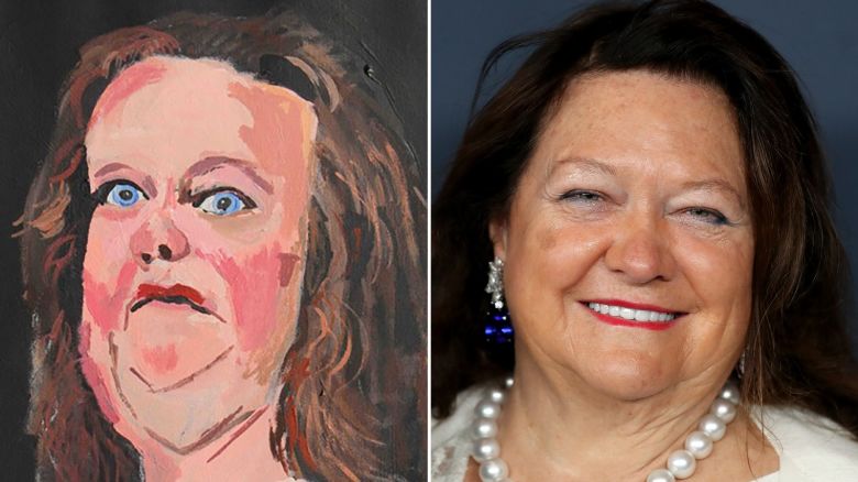 From right, Gina Rinehart and a portrait of her by artist Vincent Namatjira.
