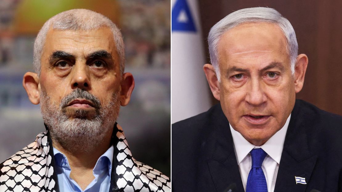 Hamas leader Yahya Sinwar, at left, and Israeli Prime Minister Benjamin Netanyahu, at right, are pictured.