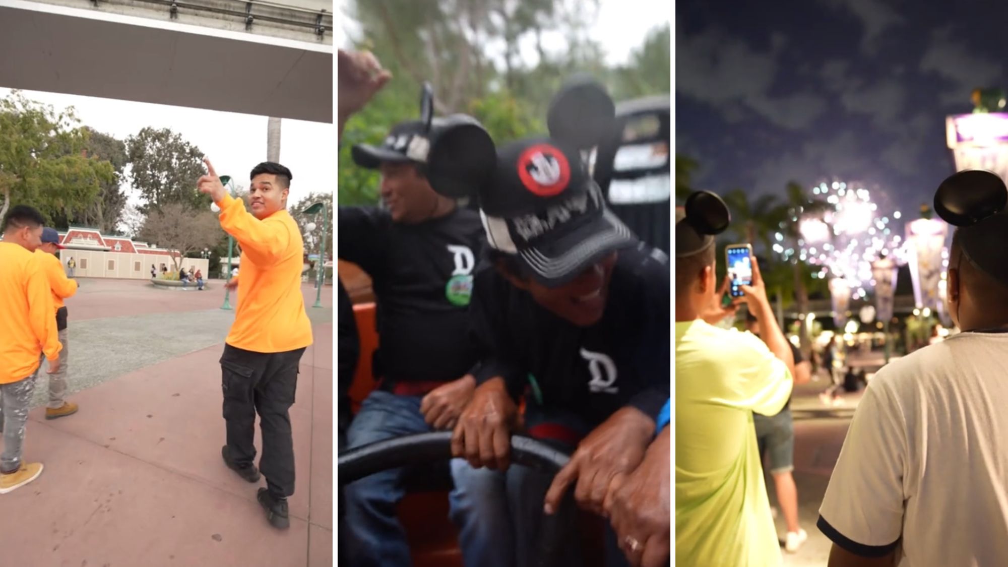 These images show moments from Jesús Morales' TikToks. For about a year, the 27-year-old San Diego resident has been taking day laborers to Disneyland and sharing the videos on social media.