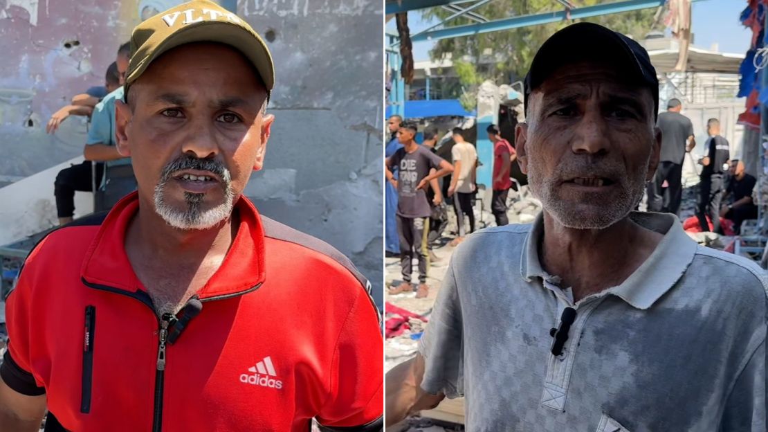 Palestinian eyewitnesses Ibrahim (left) and Abu Adel (right) recounted the horrors, following an Israeli strike on a school sheltering displaced Palestinians in Nuseirat, central Gaza, on Tuesday.