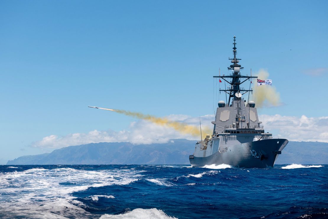 HMAS Sydney fires the Royal Australian Navy’s first Naval Strike Missile during a SINKEX off the coast of Oahu, Hawaii, as a part of Exercise Rim of the Pacific (RIMPAC) 2024.