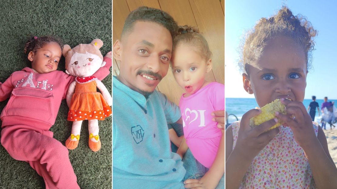 Ayten, a child displaced in Gaza, is shown with her toy doll (left). Her father, Ahmed Al-Hasanat (center left) is among the Palestinians who have preserved remnants of their lives before the war.