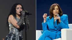 Left: Charli XCX performs at Roskilde Festival 2024 on July 05, 2024 in Roskilde, Denmark.<br /><br /><br />Right: Kamala Harris speaks onstage during the 2024 ESSENCE Festival Of Culture? Presented By Coca-Cola? at Ernest N. Morial Convention Center on July 06, 2024 in New Orleans, Louisiana.