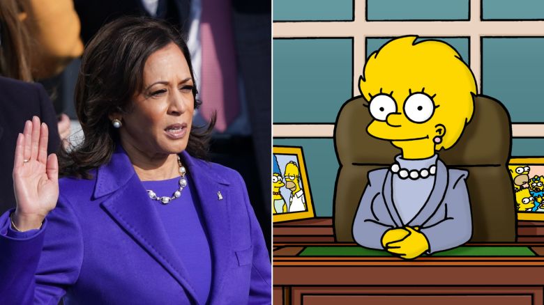 Left: Kamala Harris is sworn in as U.S. Vice President as her spouse Doug Emhoff holds a bible during the inauguration of Joe Biden as the 46th President of the United States on the West Front of the U.S. Capitol in Washington, U.S., January 20, 2021. Right: Lisa Simpson is President of the United States on The Simpsons' episode "Bart to the Future" that aired on March 19, 2000.