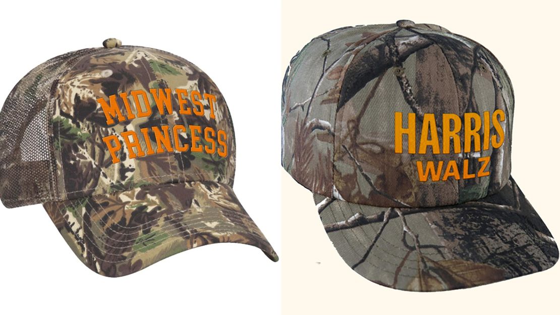 On the left, Roan's "Midwest Princess" hat. On the right, the official Harris-Walz camo hat.