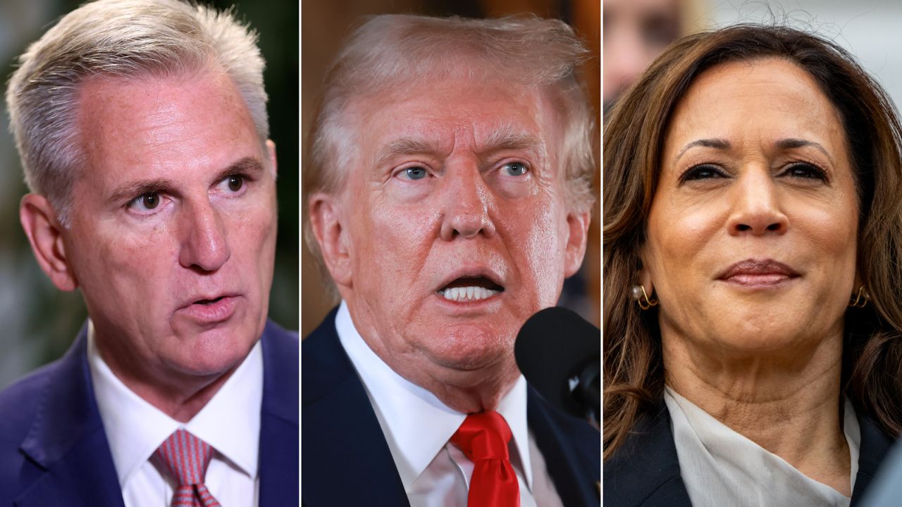 Left to right: Former House Speaker Kevin McCarthy, former President Donald Trump and Vice President Kamala Harris