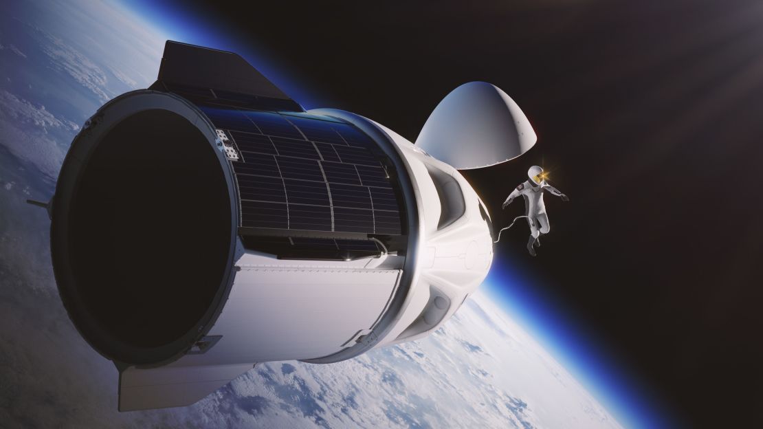 An artist's depiction of the Polaris Dawn mission shows a crew member floating outside the Crew Dragon capsule while attached by a life support umbilical.