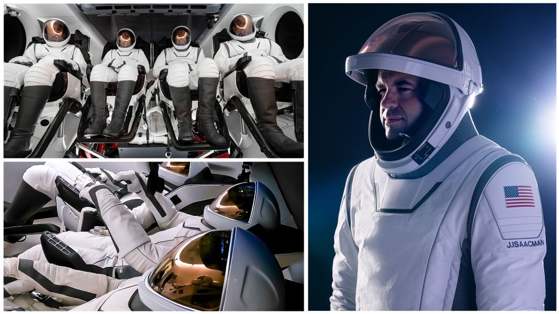 Top and bottom left: The four Polaris Dawn crew members are seen inside their spacesuits, which have copper-tinted visors and an array of key updates from SpaceX's typical flight suits. Right: Polaris Dawn mission commander Jared Isaacman is shown in his SpaceX EVA and flight suit.