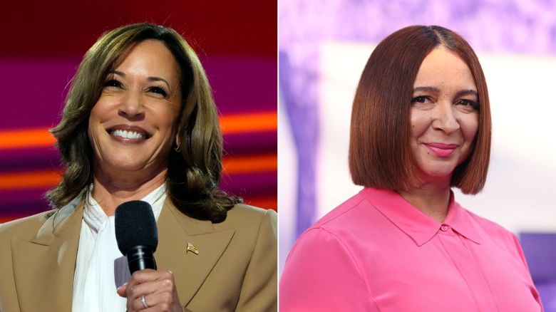 (L) Democratic presidential nominee Vice President Kamala Harris appears during the first day of Democratic National Convention, Monday, Aug. 19, 2024, in Chicago.  (R) Maya Rudolph attends Paramount's "If" New York premiere at SVA Theater on May 13, 2024 in New York City.