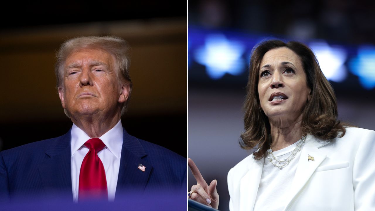 Left: Former U.S. President and current Republican Presidential nominee Donald Trump speaks about the economy, inflation, and manufacturing during a campaign event at Alro Steel on August 29 in Potterville, Michigan. Right: Democratic presidential nominee, U.S. Vice President Kamala Harris speaks at a campaign rally at the Enmarket Arena on August 29 in Savannah, Georgia.