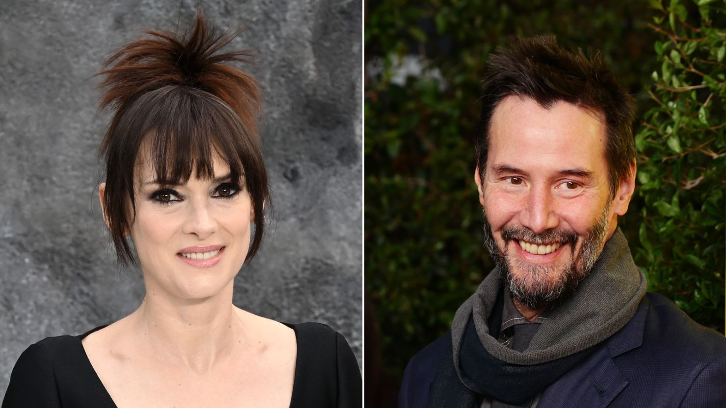 Left: Winona Ryder attends the UK Premiere of "Beetlejuice Beetlejuice" at Cineworld Leicester Square on August 29, 2024 in London, England. Right: Keanu Reeves attends the MOCA Gala 2024 at The Geffen Contemporary at MOCA on April 13, 2024 in Los Angeles, California.