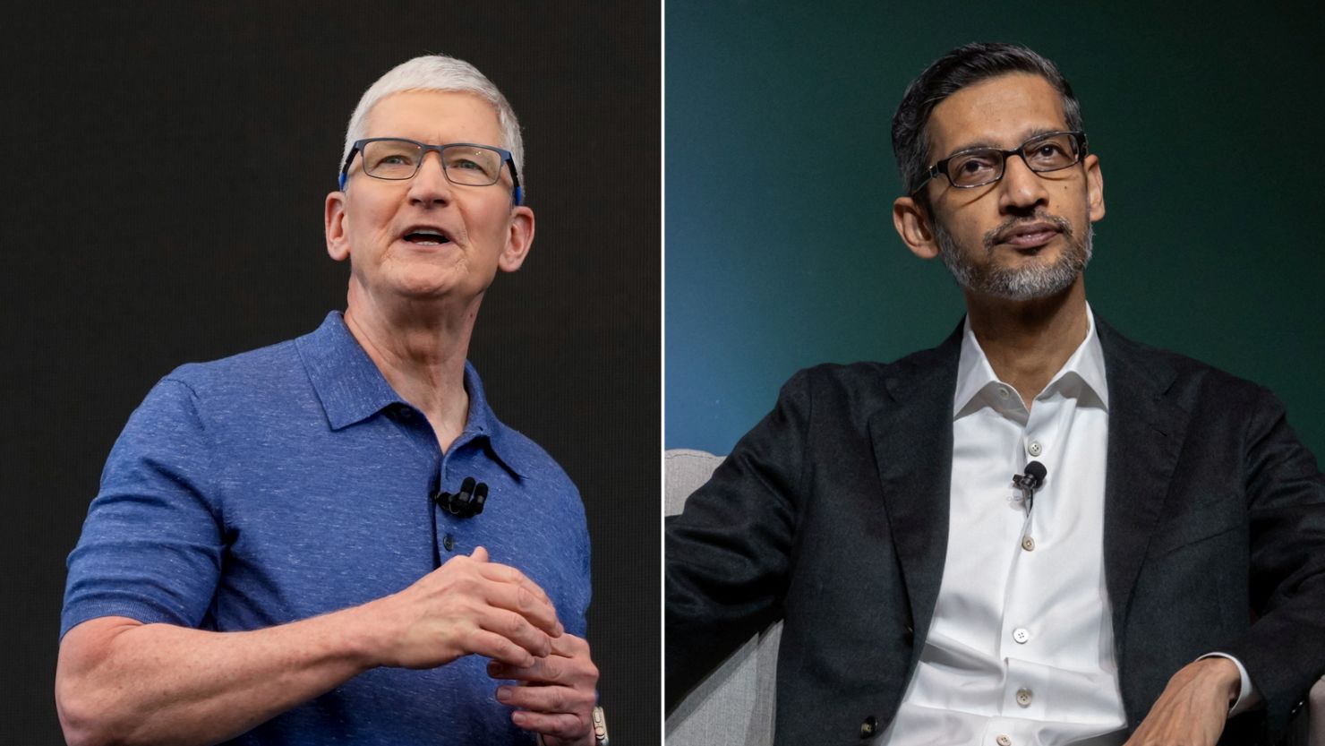 Left: Apple CEO Tim Cook. Right: Sundar?Pichai, CEO of Google and Alphabet Inc.