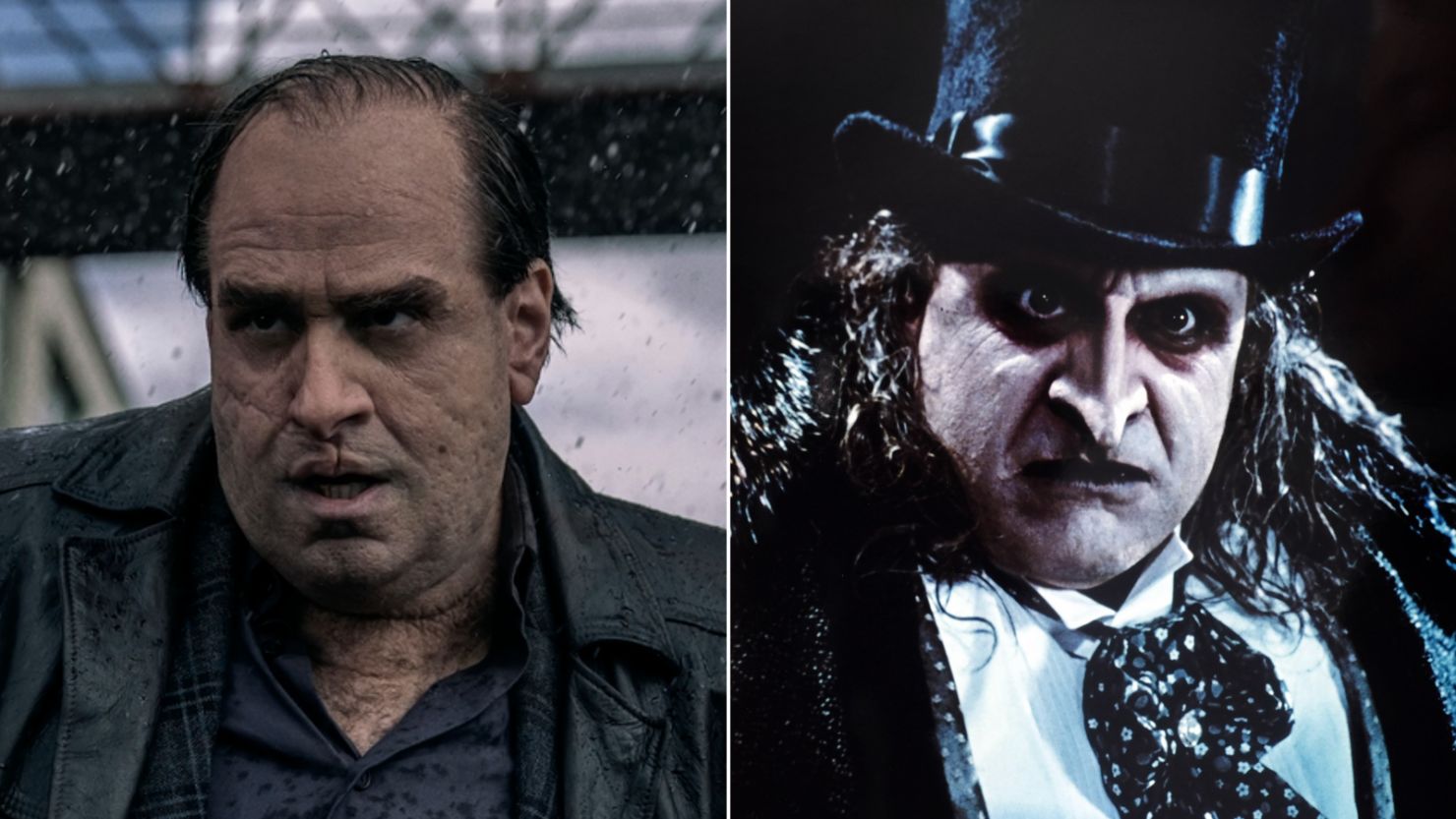 Colin Farrell as Oz Cobb in new series “The Penguin,” left, and Danny DeVito as Oswald Cobblepot in the 1992 film “Batman Returns.”