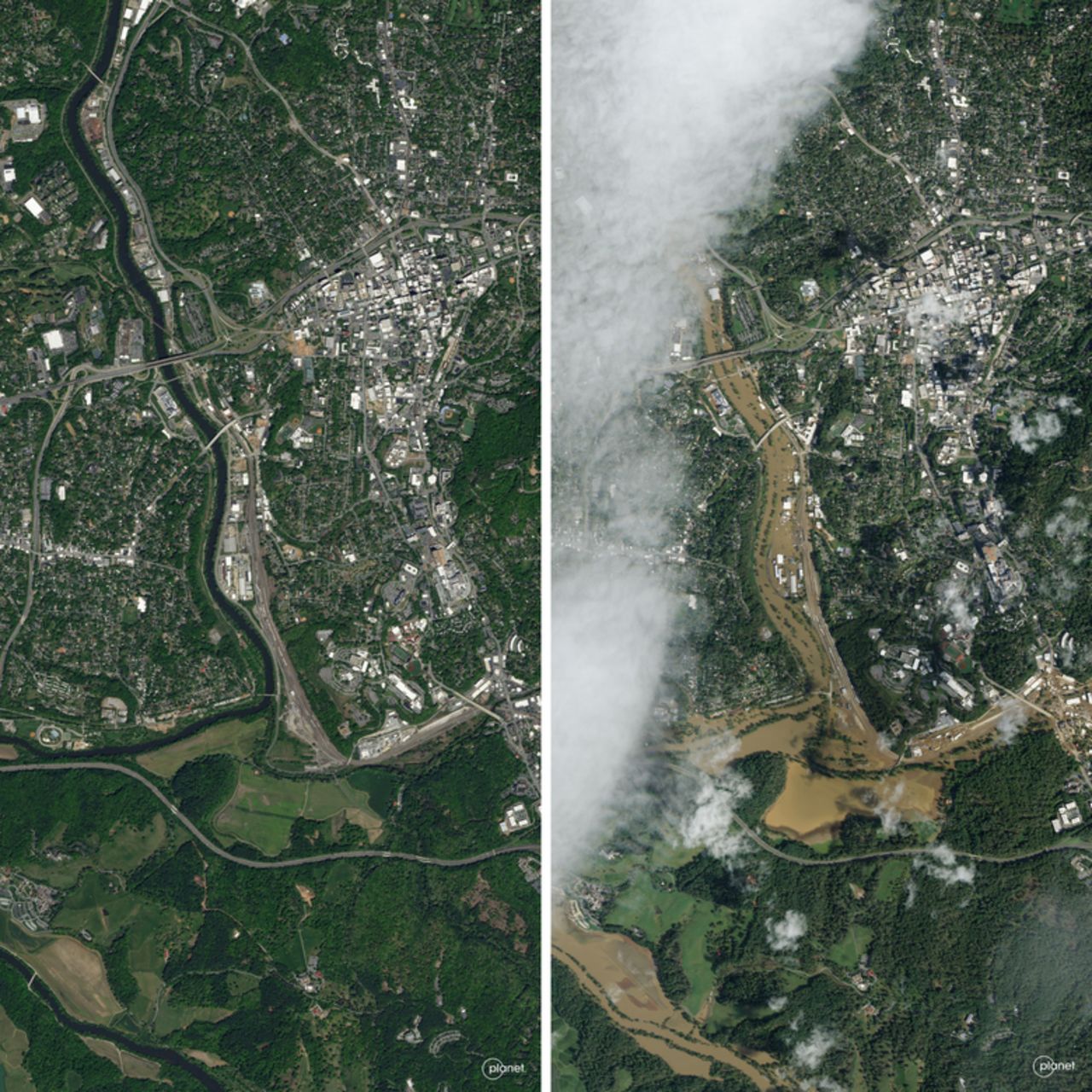 Left, this SkySat image captured in May 2023 shows an overview of Asheville, North Carolina, prior to Hurricane Helene. Right, shows Asheville after Helene on September 29, 2024.