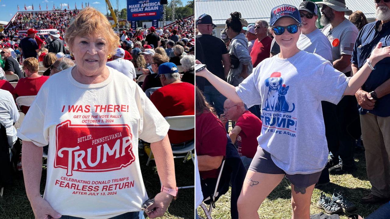 Attendees at former President Donald Trump's rally in Butler, Pennsylvania, on Saturday show off their shirts. 