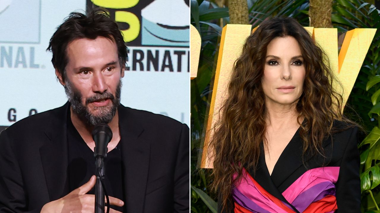 (Left) Keanu Reeves speaks onstage at "BRZRKR": The Immortal Saga Unleashed Panel during 2024 Comic-Con International at San Diego Convention Center on July 27, 2024 in San Diego, California. (Right) Sandra Bullock attends the UK Special Screening of "The Lost City" at Cineworld Leicester Square on March 31, 2022 in London, England.