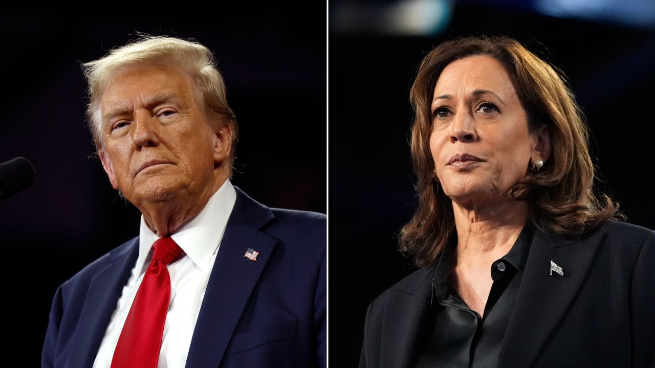 Left: Republican presidential nominee, former U.S. President Donald Trump delivers remarks at a campaign rally at the Santander Arena on October 09, 2024 in Reading, Pennsylvania. Right: Democratic presidential nominee Vice President Kamala Harris speaks during a rally at the Dort Financial Center in Flint, Mich., Friday, Oct. 4, 2024.