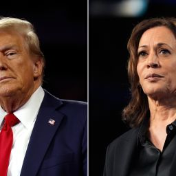 Left: Republican presidential nominee, former U.S. President Donald Trump delivers remarks at a campaign rally at the Santander Arena on October 09, 2024 in Reading, Pennsylvania. Right: Democratic presidential nominee Vice President Kamala Harris speaks during a rally at the Dort Financial Center in Flint, Mich., Friday, Oct. 4, 2024.