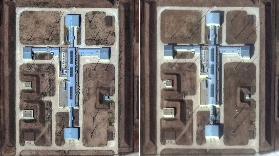 Close-up before (left) and after (right) Maxar satellite images of the Kotluban facility show damage to a building and scattered debris in the later image, center bottom, taken in early October.