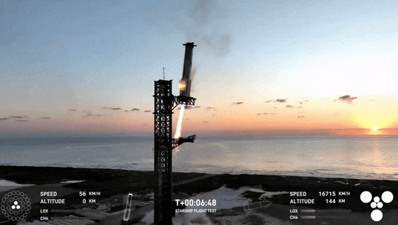 SpaceX's Super Heavy booster lands in the arms of Mechazilla at the company's launchpad facilities near Brownsville, Texas, on October 13.