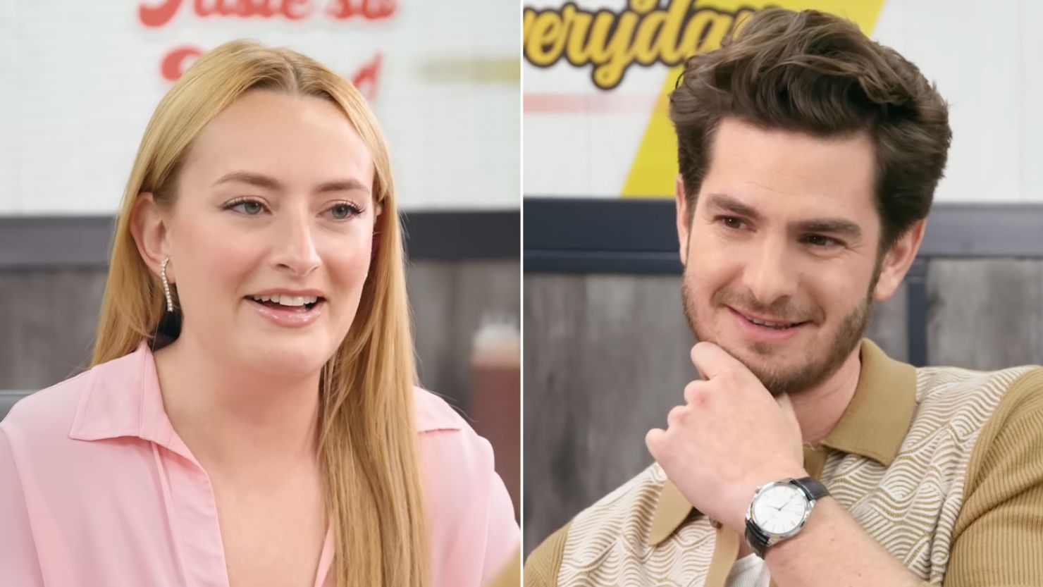 Amelia Dimoldenberg and Andrew Garfield on 'Chicken Shop Date.'