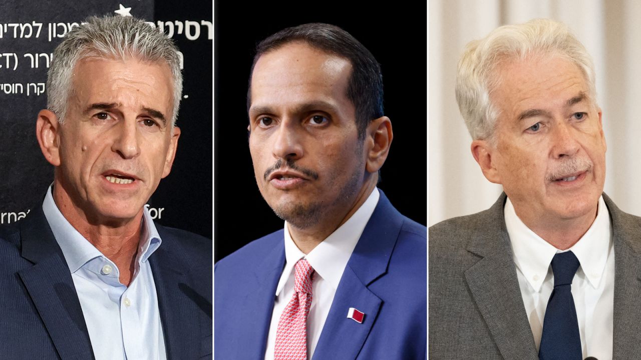 (L-R:) Mossad Director David Barnea, Qatari Prime Minister Mohammed bin Abdulrahman Al Thani, CIA Director Bill Burns.