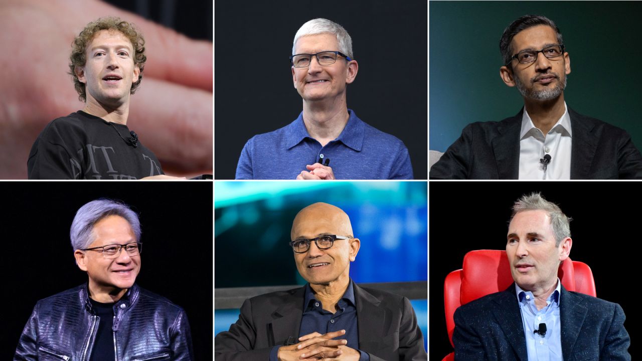 Left to right, clockwise: Meta CEO Mark Zuckerberg, Apple CEO Tim Cook, Google and Alphabet CEO Sundar Pichai, Amazon CEO Andy Jassy, Microsoft CEO Satya Nadella, Nvidia CEO Jensen Huang.
