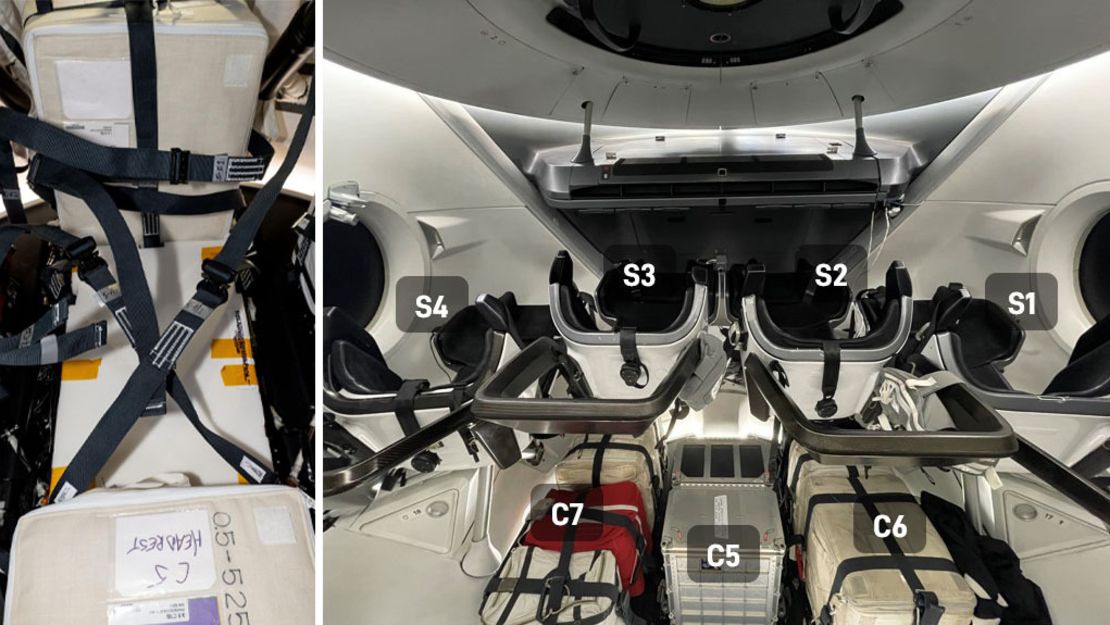 This is one of the pallet seats (left) built and installed on the SpaceX Crew-8 Dragon capsule (right).