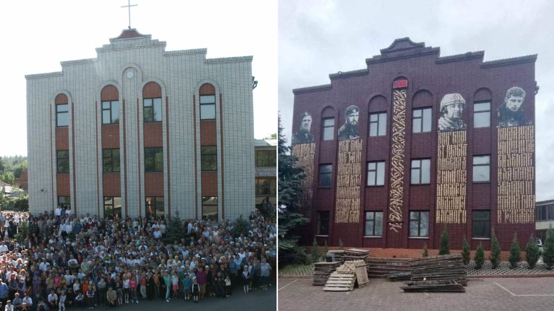 The Grace Church in Melitopol before and after Russian occupation of the city. Russian-installed officials turned the church into an administrative building, removing its cross and painting portraits of Russian soldiers on the façade.