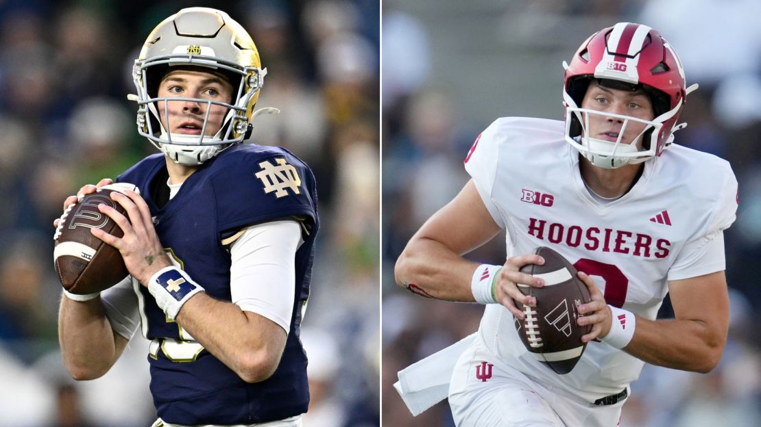 Notre Dame quarterback Riley Leonard, left, and Indiana quarterback Kurtis Rourke in action.