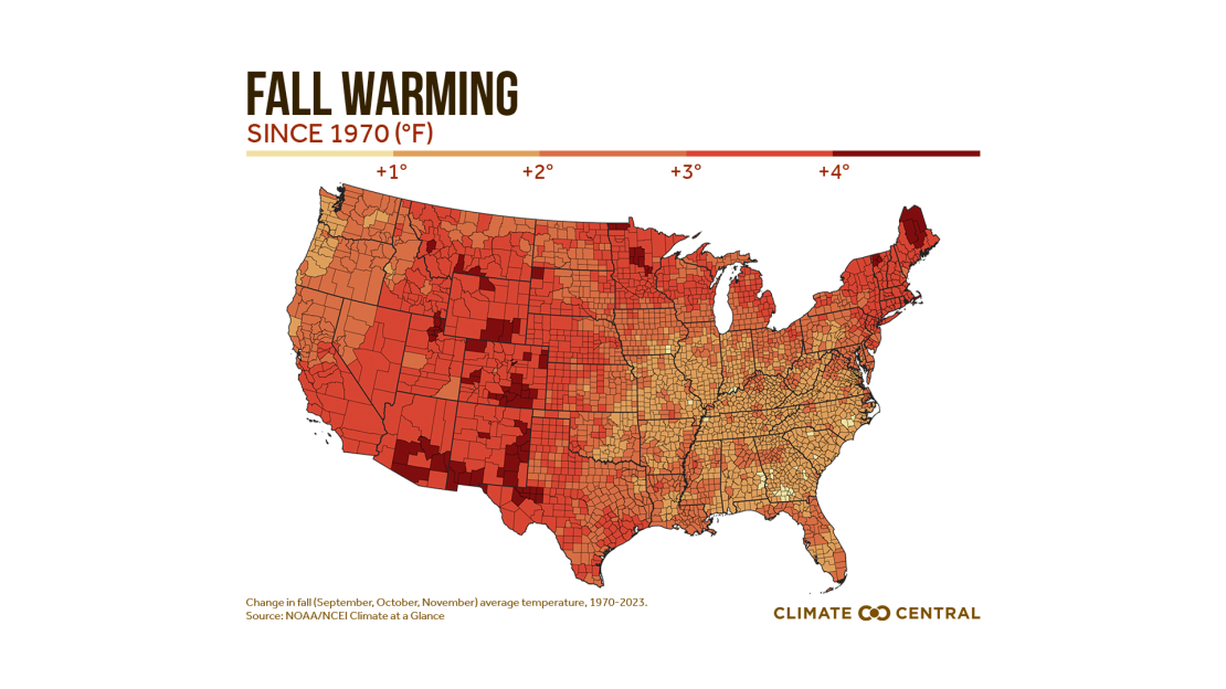 Fall has warmed over the entire Lower 48 since 1970.