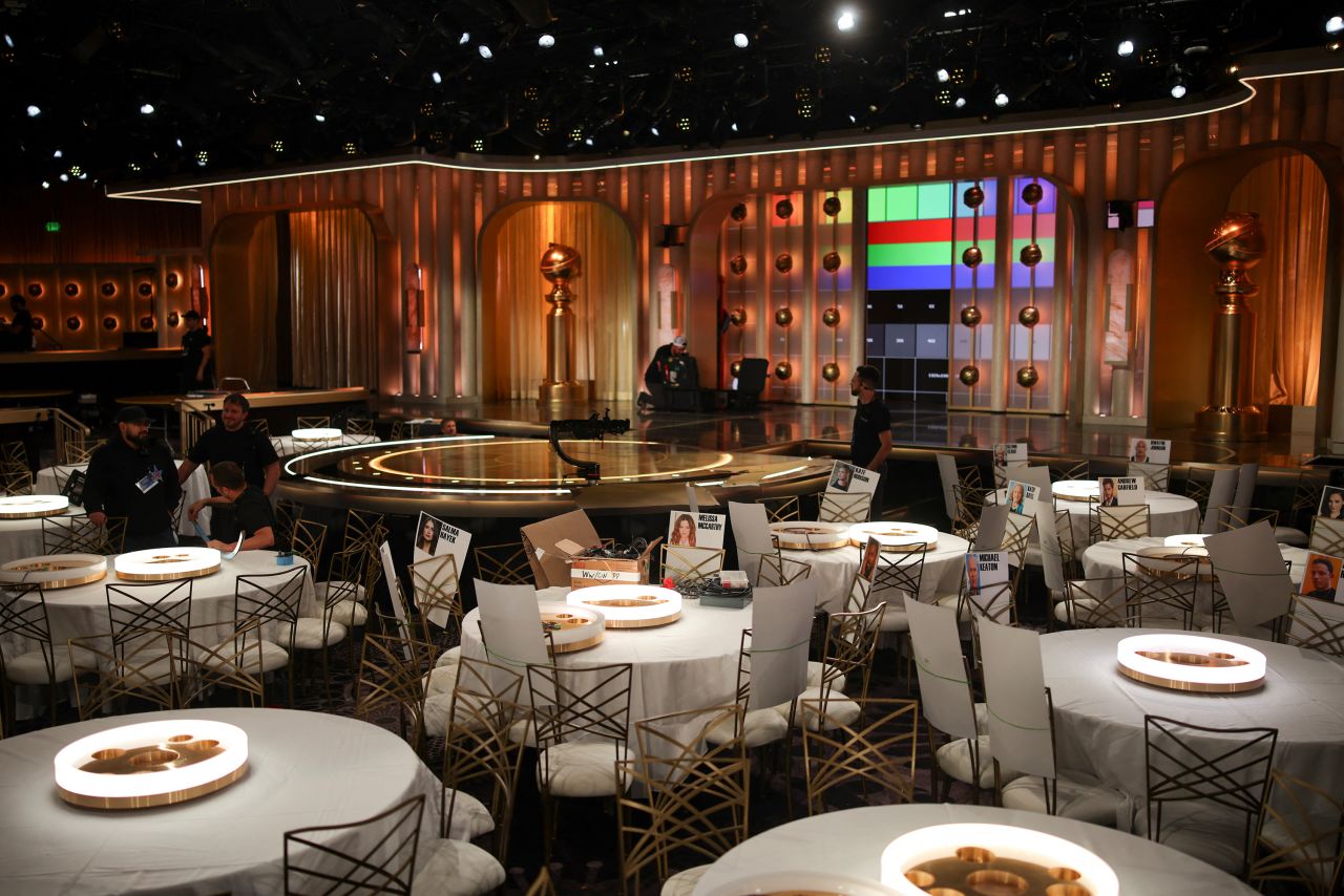 Workers set up the ballroom for the Golden Globe Awards on January 2.