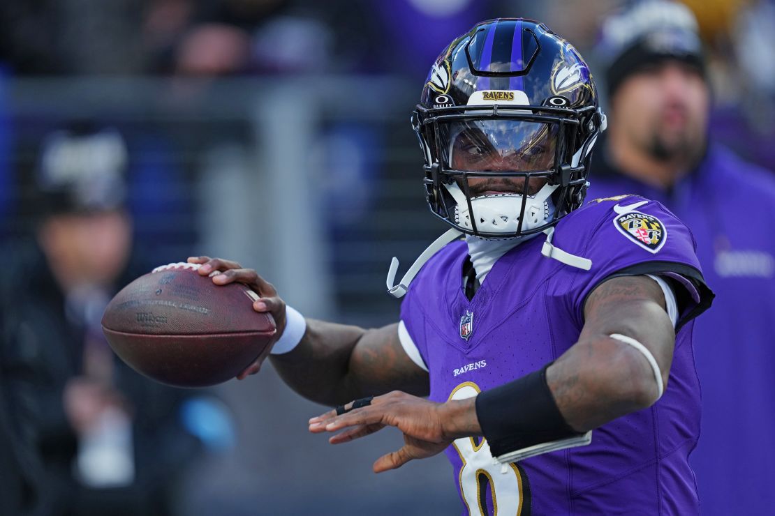 Jan 4, 2025; Baltimore, Maryland, USA; Baltimore Ravens quarterback Lamar Jackson (8) makes a pass during the first quarter against the Cleveland Browns at M&T Bank Stadium. Mandatory Credit: Mitch Stringer-Imagn Images