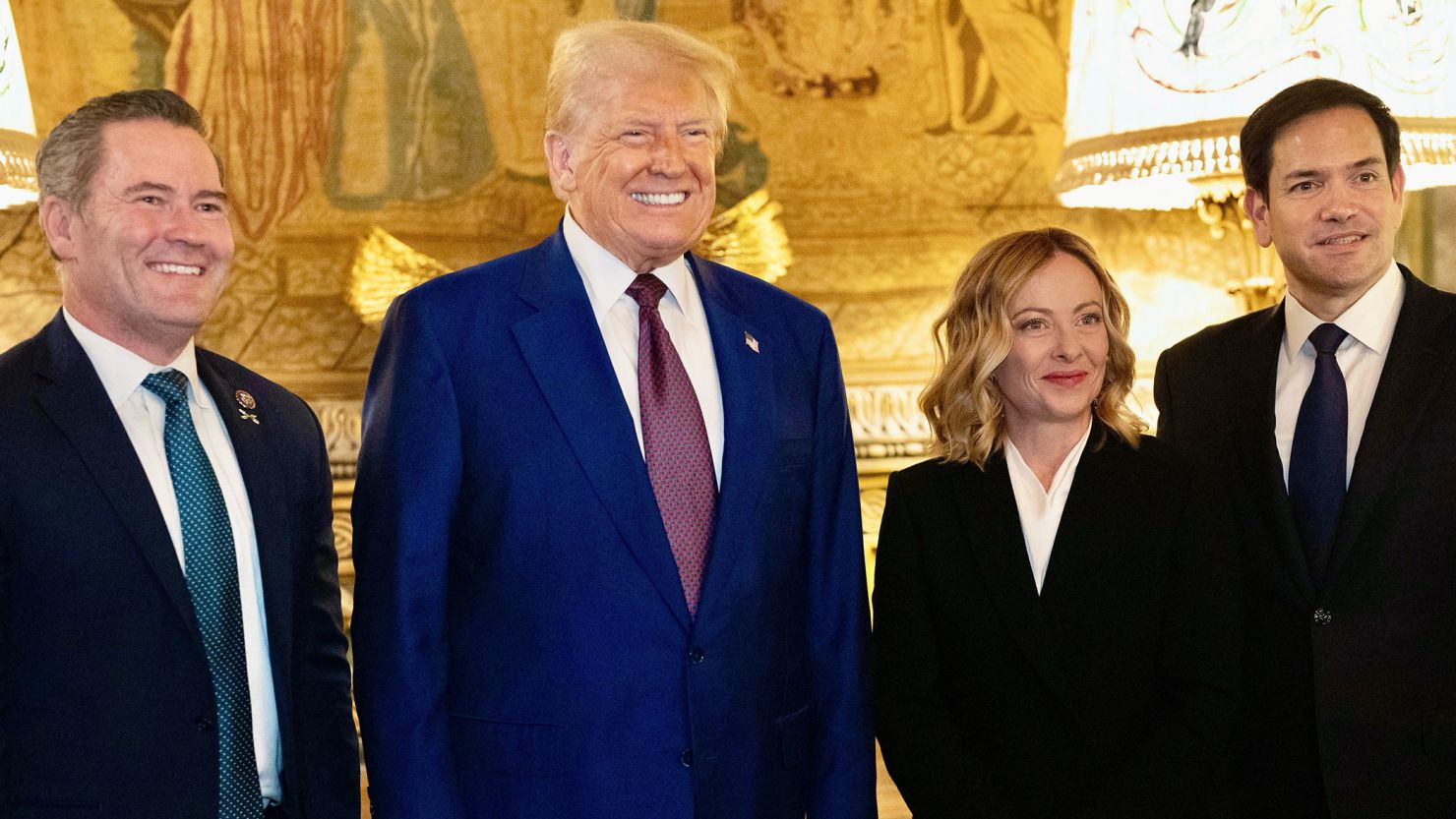 Italian Prime Minister Giorgia Meloni met with President-elect Donald Trump (center), accompanied by Sen. Marco Rubio (right) and Rep. Michael Waltz (left) at Mar-a-Lago in Palm Beach, Florida, on Saturday.