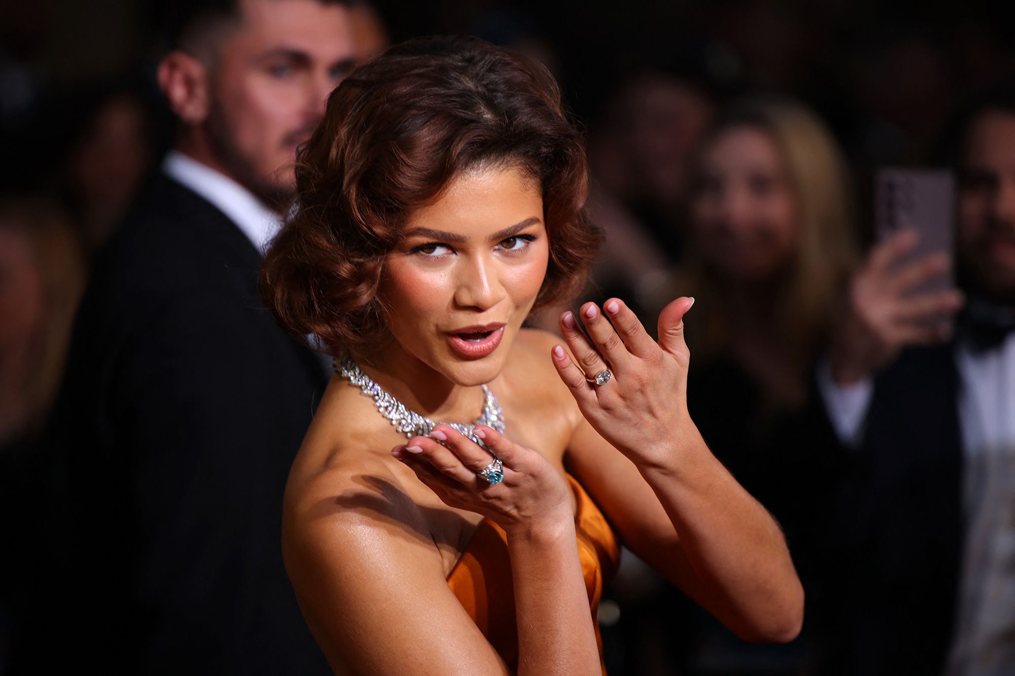 Zendaya attends the 82nd Golden Globe Awards wearing a Louis Vuitton gown and plenty of eye-catching jewels.