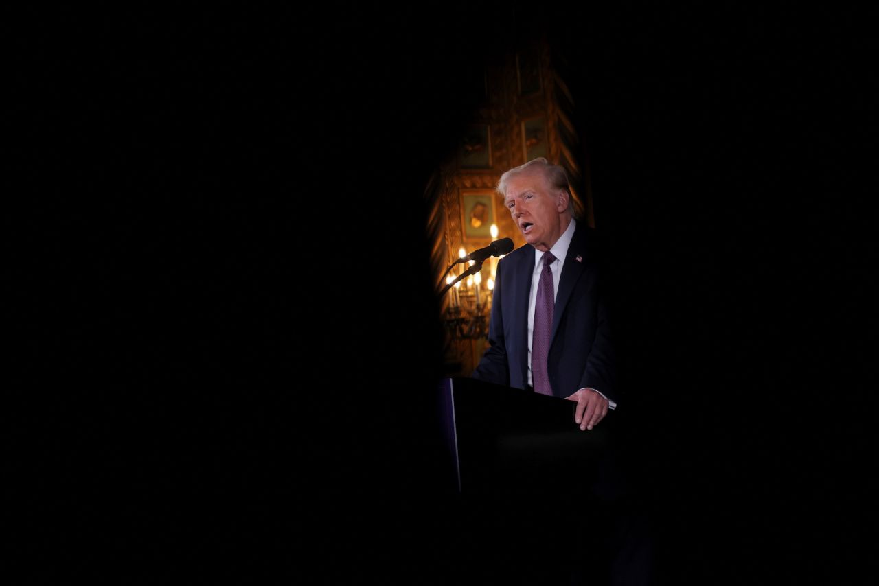 Donald Trump delivers remarks at Mar-a-Lago on Tuesday.