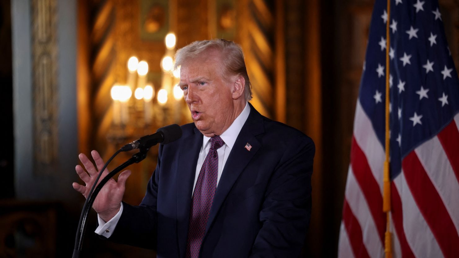 U.S. President-elect Donald Trump makes remarks at Mar-a-Lago in Palm Beach, Florida, U.S. January 7, 2025. REUTERS/Carlos Barria