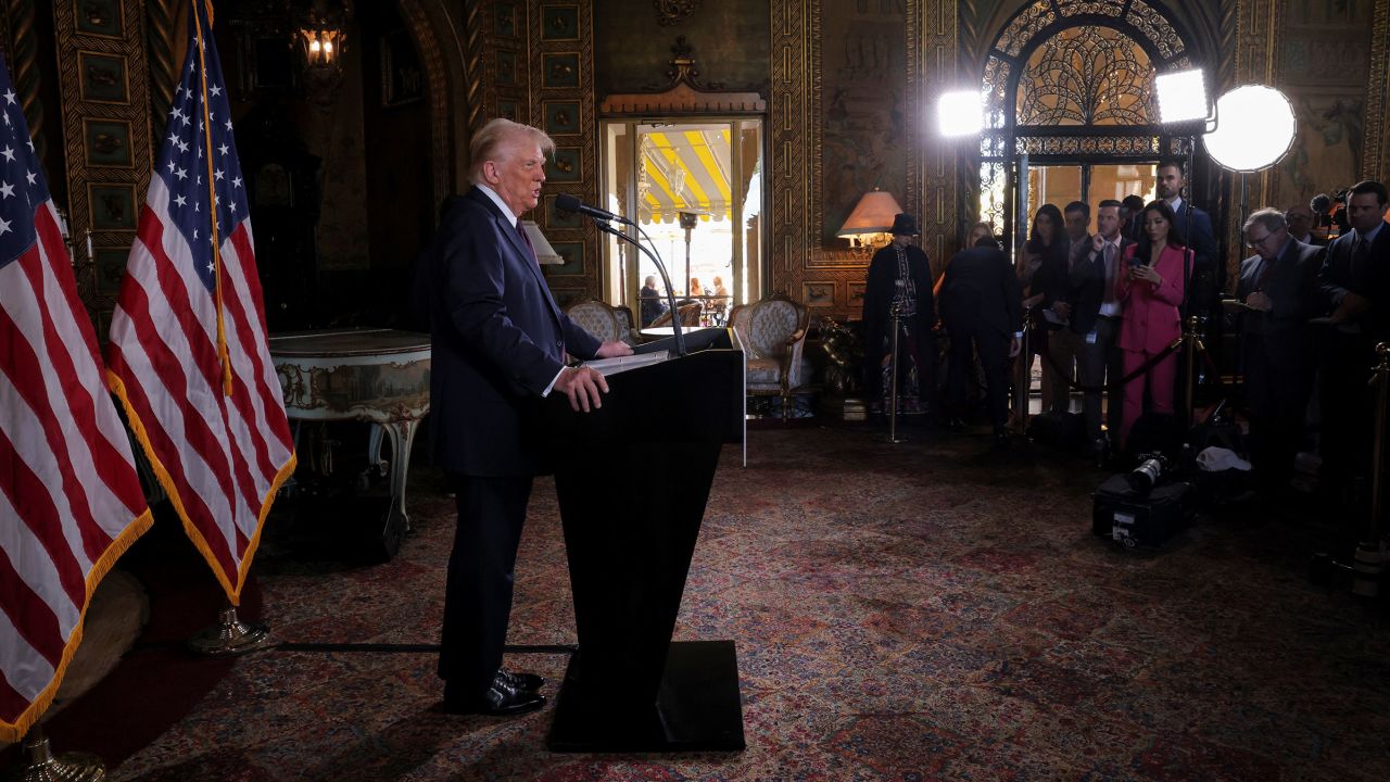 President-elect Donald Trump speaks at Mar-a-Lago in Palm Beach, Florida, on January 7, 2025.