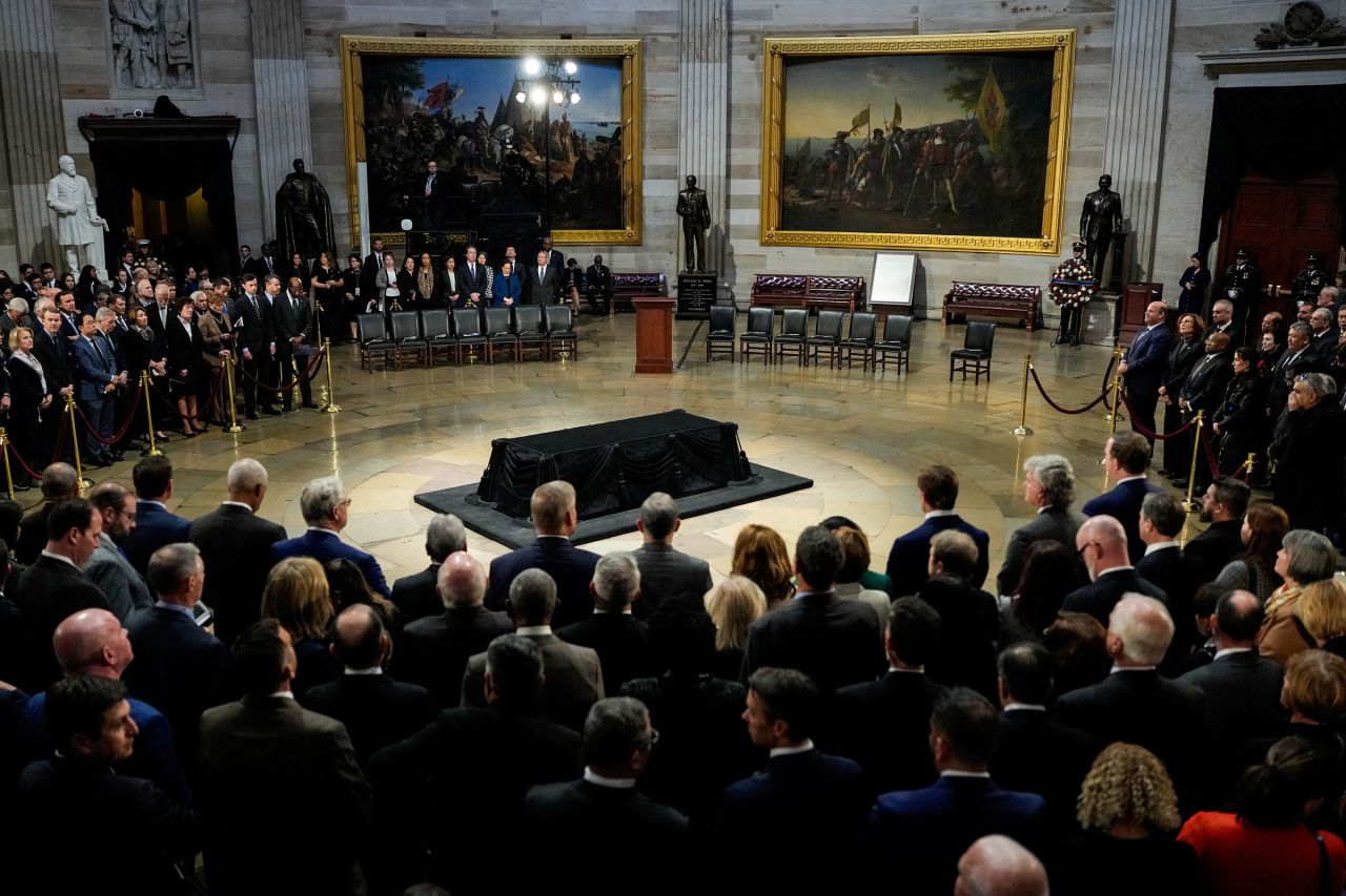 Members of Congress and guests attend a ceremony for former US President Jimmy Carter in the Rotunda of the US Capitol in Washington, DC, on January 7.