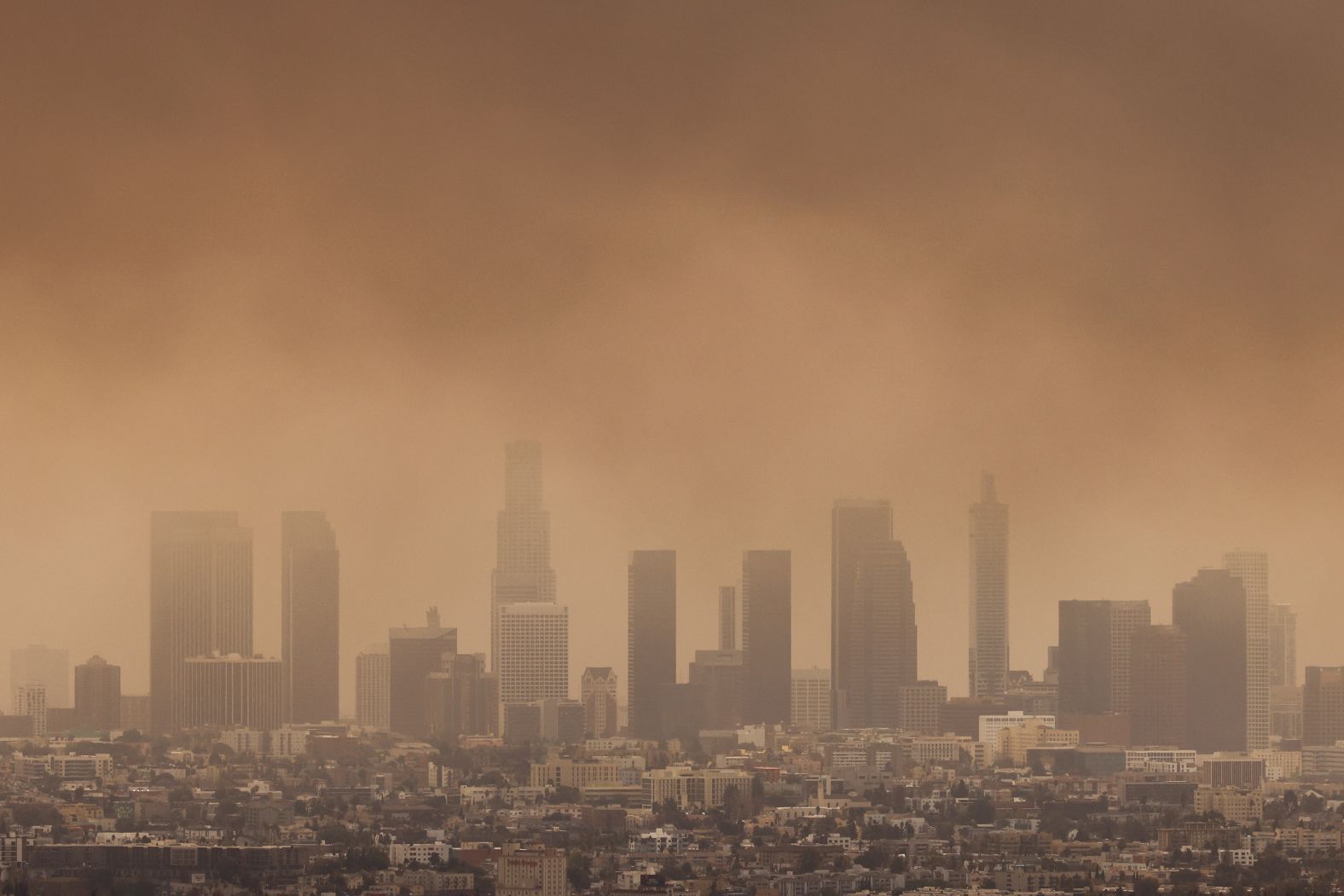 Smoke from multiple fires covers the skyline in Los Angeles.