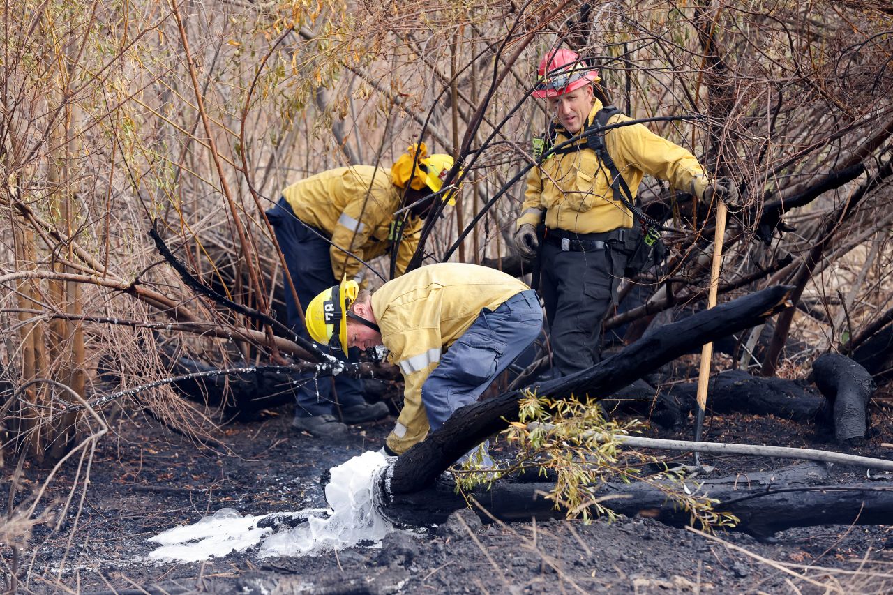 Firefighters put out the remaining embers at the Woodley Fire in the Sepulveda Basin in Los Angeles, California, U.S. January 8, 2025. REUTERS/Carlin Stiehl