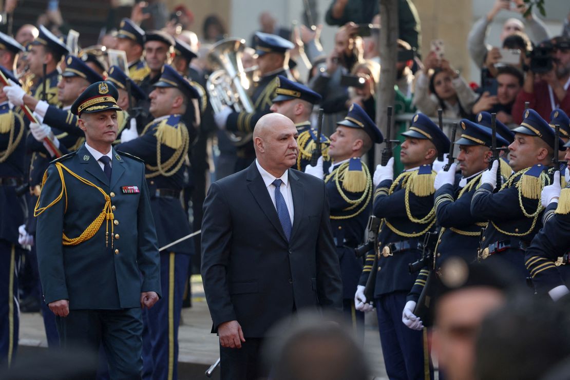 Lebanese Armed Forces Commander Joseph Aoun inspects troops in Beirut after the presidential election.