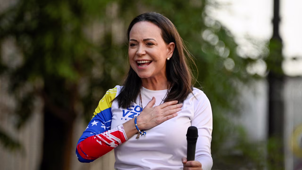 Venezuelan opposition leader Maria Corina Machado addresses supporters at a protest ahead of the Friday inauguration of President Nicolas Maduro for his third term, in Caracas, Venezuela, on January 9.