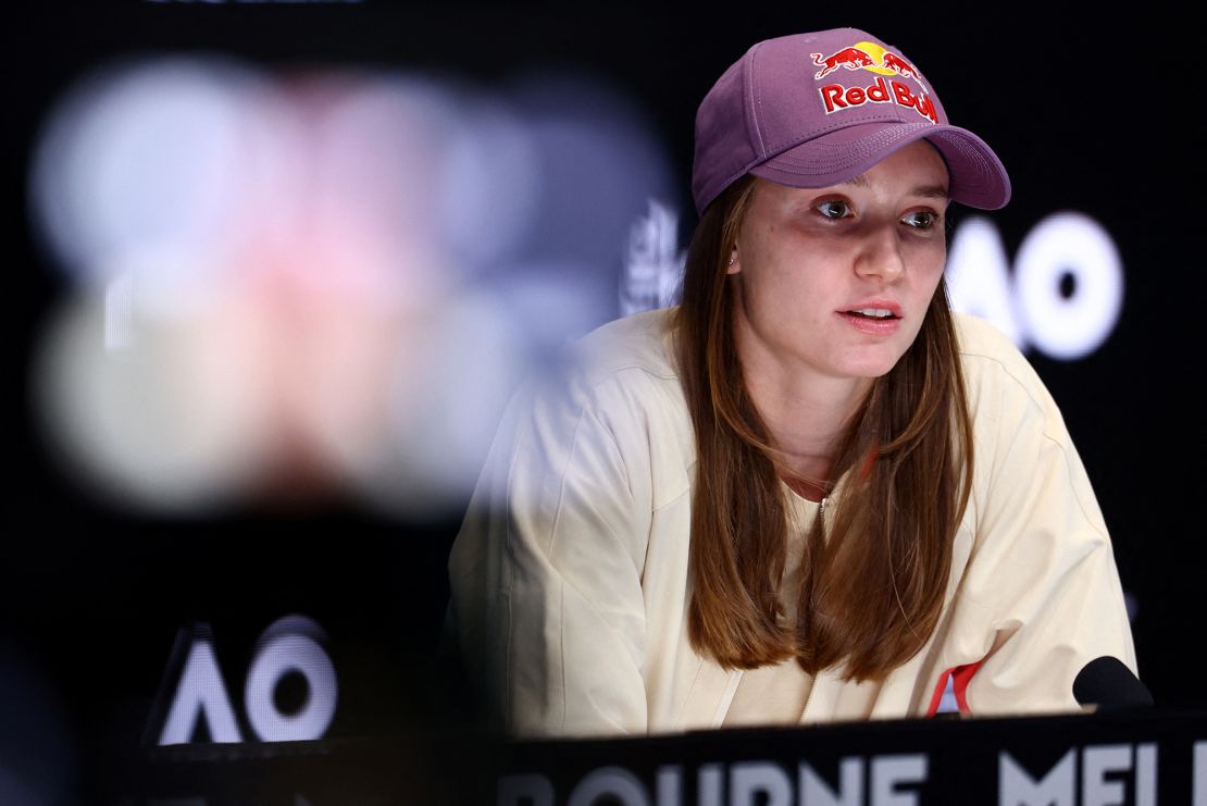 Rybakina speaks to reporters at the Australian Open.