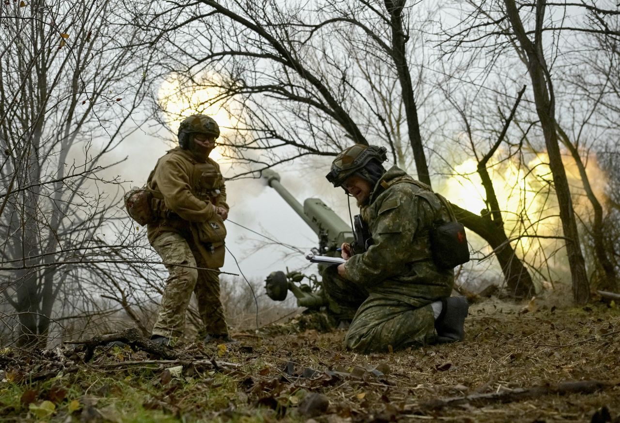 An artillery crew of the National Police fire toward Russian troops in the Zaporizhzhia region, Ukraine, on January 11, 2025.