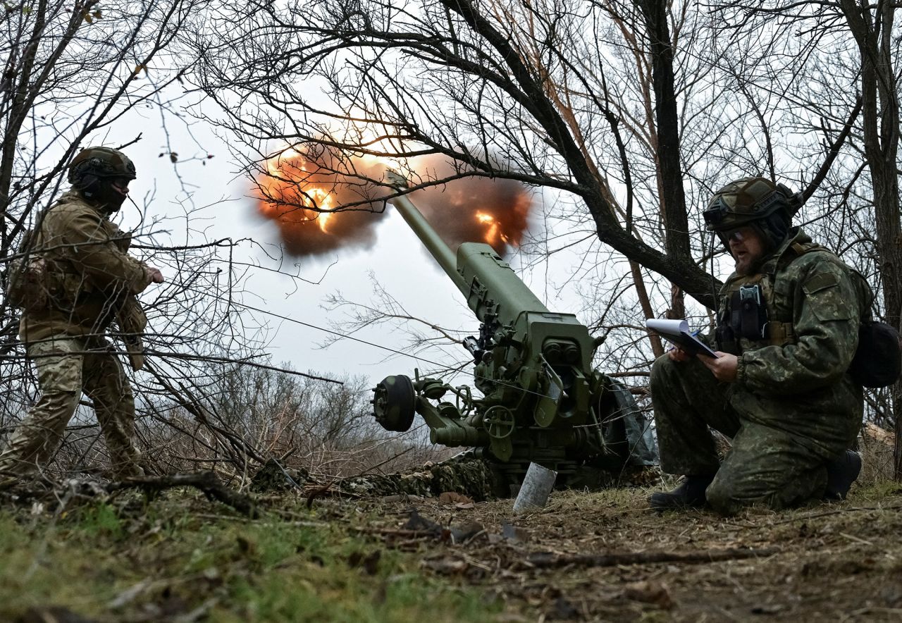 Ukrainian servicemen fire a D-30 howitzer towards Russian troops at a position in Zaporizhzhia, Ukraine, on January 11.