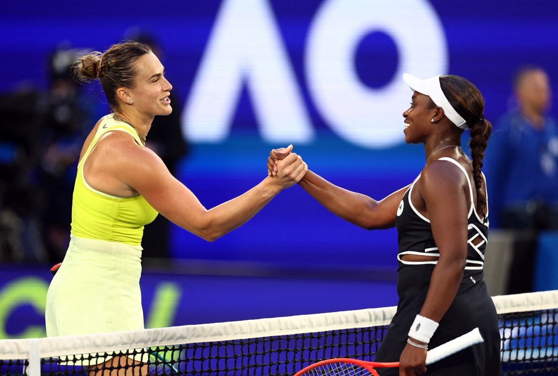 Sabalenka (left) and Stephens (right) shake hands after the game.