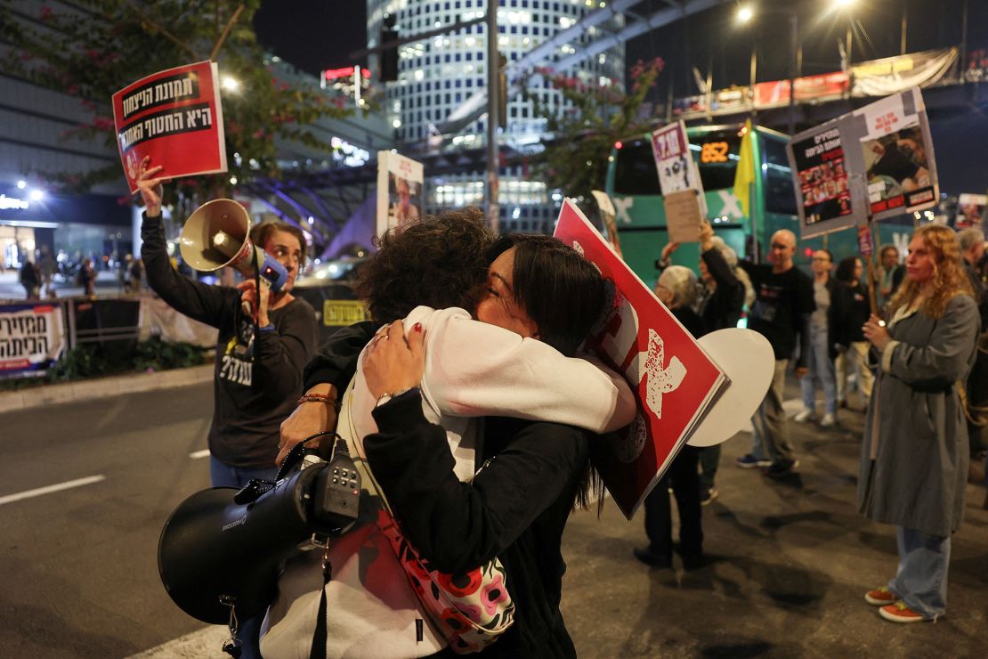Supporters of Israeli hostages react to news on the Gaza ceasefire negotiations in Tel Aviv, Israel, January 15, 2025.