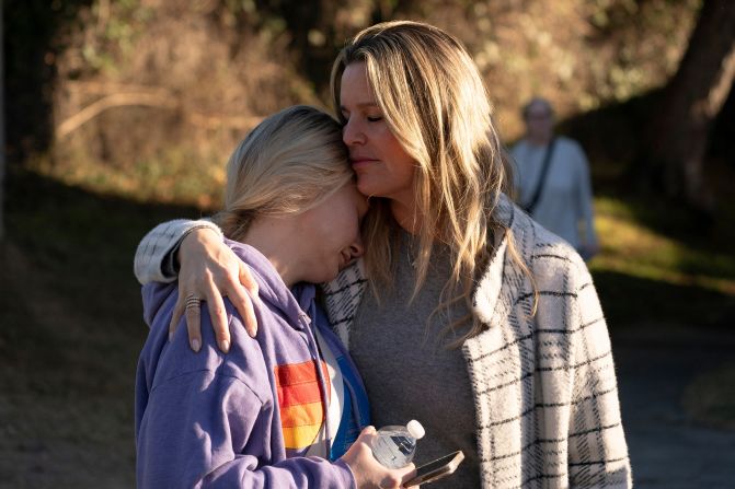 Jaclyn Senis and Laura Shockley, both displaced due to the Palisades Fire, embrace after dropping their children off at a new school in the Brentwood neighborhood in Los Angeles, California, U.S. January 15, 2025. REUTERS/David Ryder