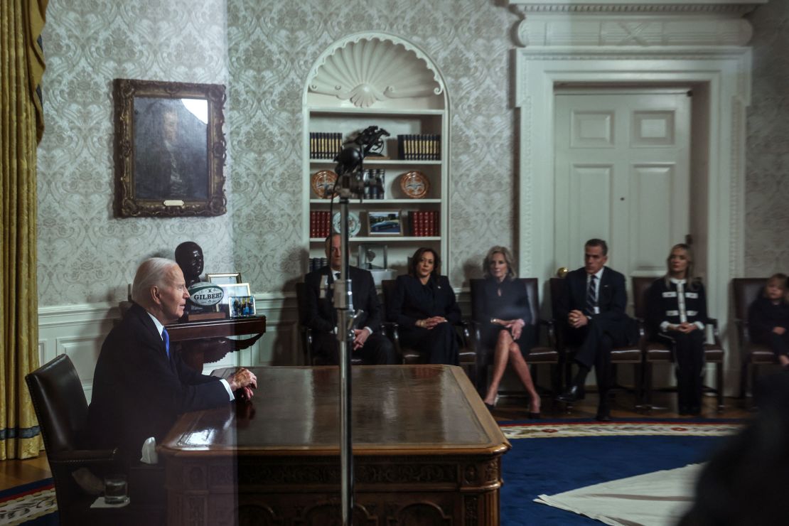 Outgoing U.S. President Joe Biden delivers a farewell address to the nation from the Oval Office in the White House.